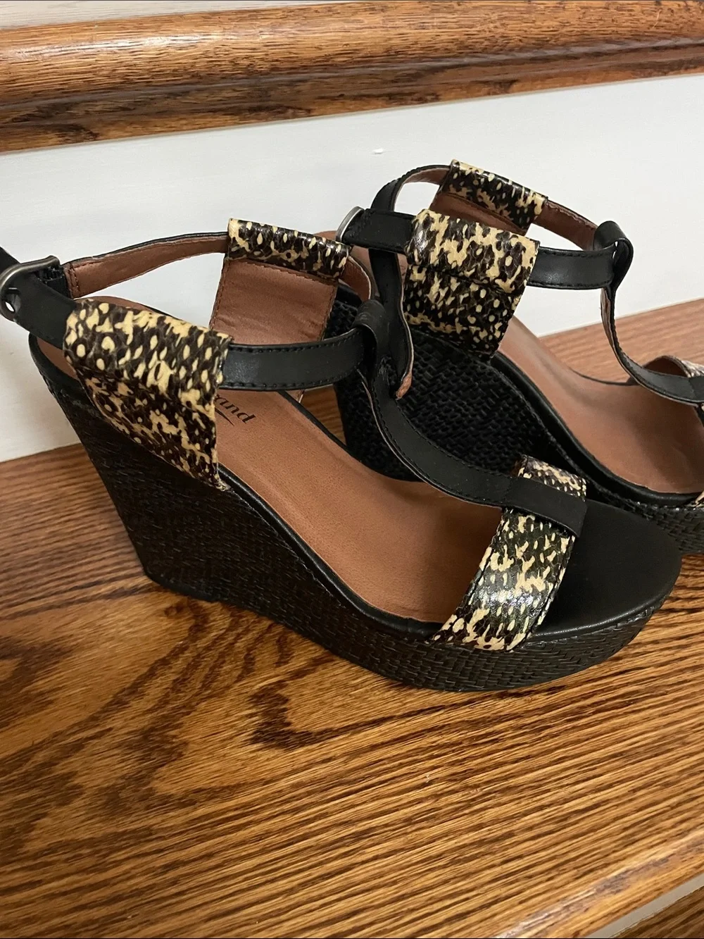 Lucky Brand Black Wedge Sandals with Tan Animal-Print Straps